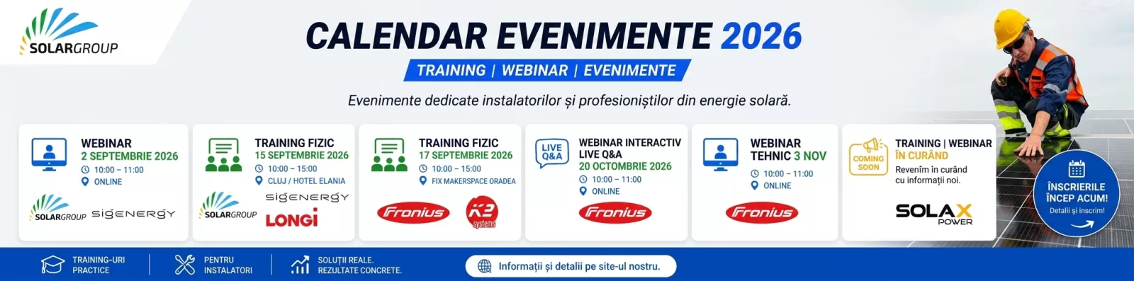 Calendar Evenimente Solargroup 2026 | Înregistrare Traininguri & Webinare